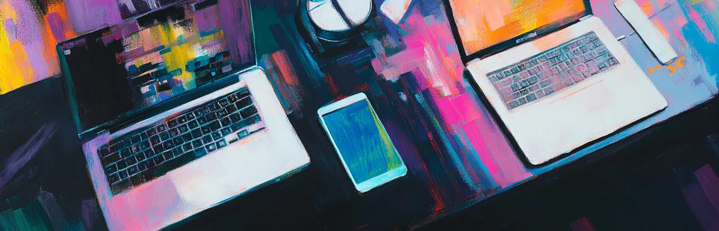 Ilustración futurista de un espacio de trabajo con luces de neón sobre un fondo negro. El escritorio incluye wireframes, libros, dispositivos electrónicos y una taza de café, representando herramientas y programas de diseño instruccional gratis para proyectos de e-learning.