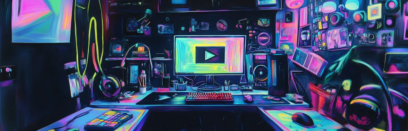 Un espacio de trabajo con muchos dispositivos y elementos multimedia, como representación de la Teoría cognitiva del aprendizaje multimedia. Imágen con estética de pintura neón pastel.