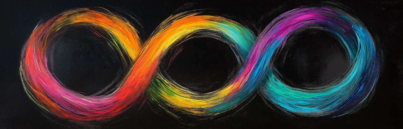 Símbolo circular de la Teoría de la Autodeterminación con tres secciones curvas entrelazadas en colores azul, verde y naranja, representando las necesidades psicológicas básicas de Autonomía, Competencia y Relación Social. El diseño fluido muestra la interconexión dinámica entre estos elementos fundamentales para la motivación intrínseca en el aprendizaje.