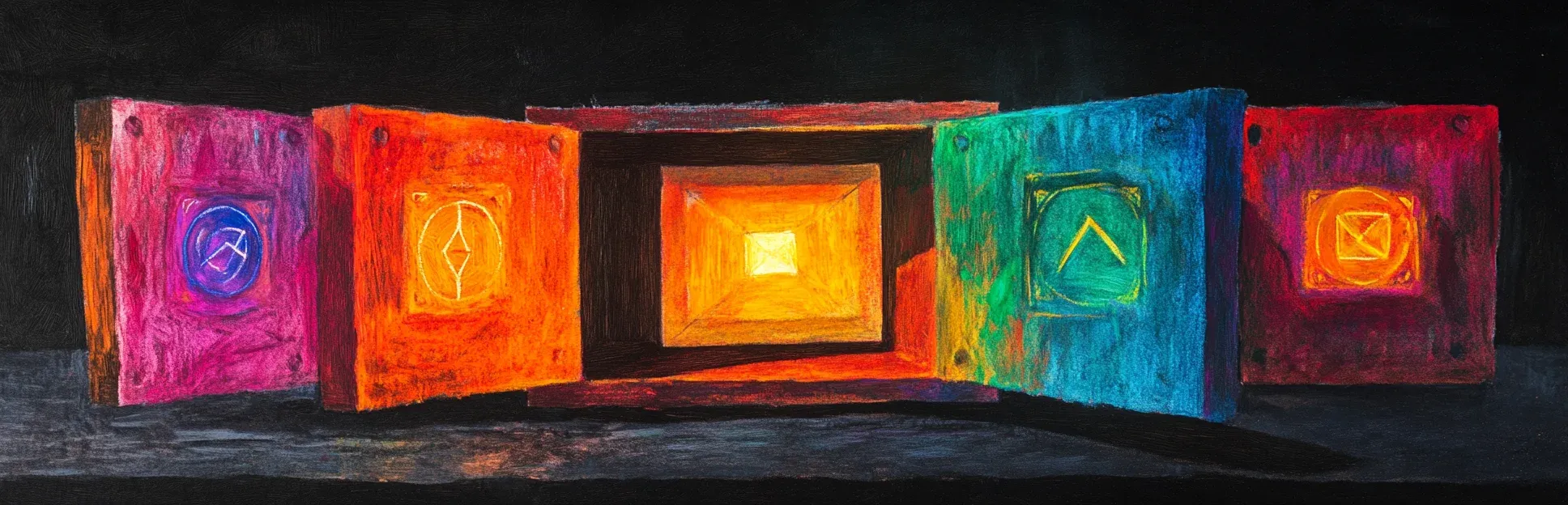 Pintura expresionista con lápices pastel neón sobre fondo negro de cinco cajas iluminadas con símbolos grabados, abriéndose en secuencia para revelar luz interior, representando el desbloqueo progresivo del conocimiento en el aprendizaje basado en problemas.