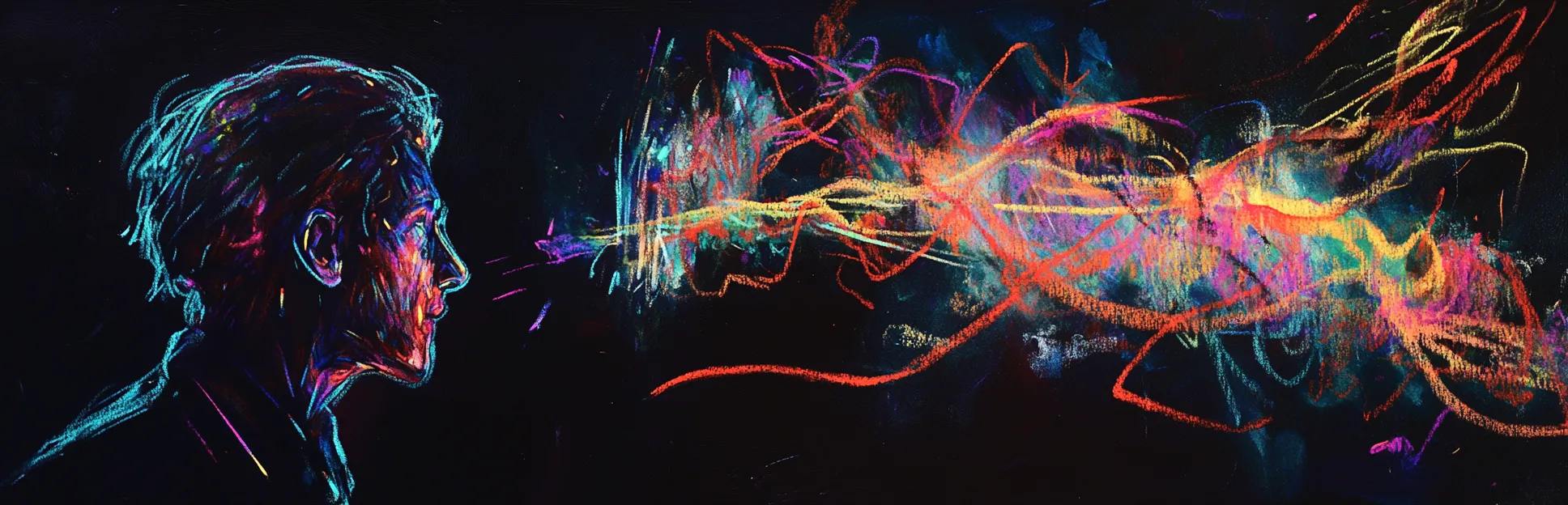 Pintura expresionista con lápices pastel neón sobre fondo negro del cognitive apprenticeship de Collins y Brown: un experto cuyo proceso mental se hace visible mientras un aprendiz observa.