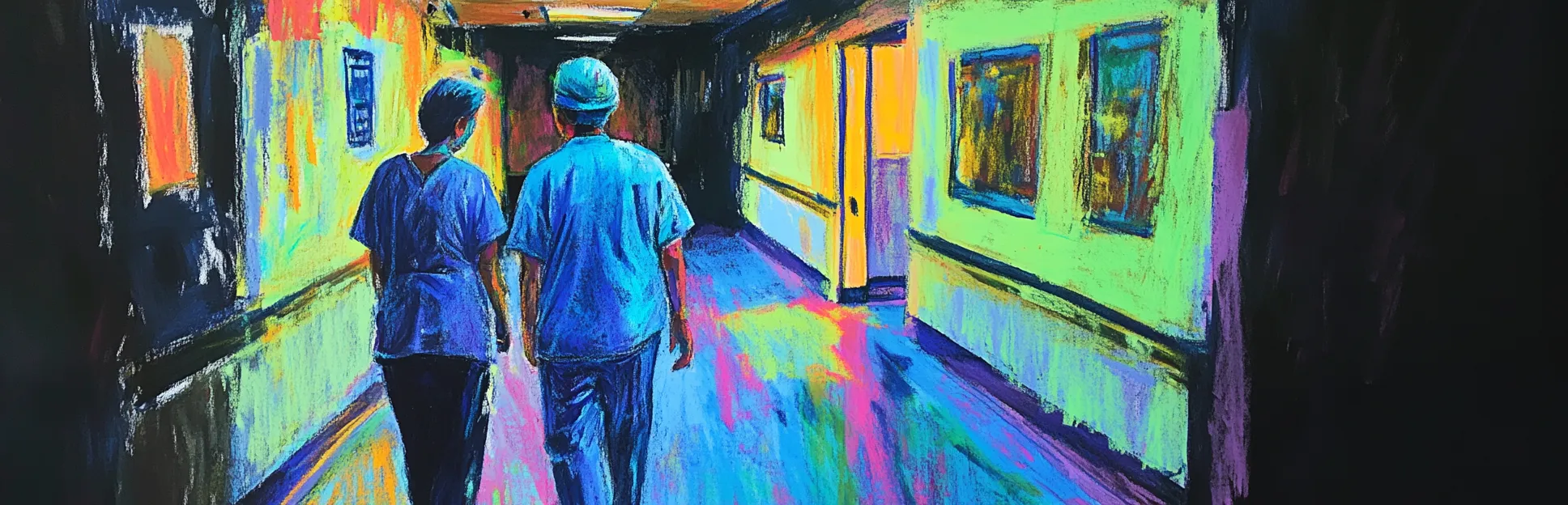 Pintura expresionista con lápices pastel neón sobre fondo negro representando el aprendizaje situado de Lave y Wenger: figuras en un contexto de práctica real donde el conocimiento y el entorno son inseparables.