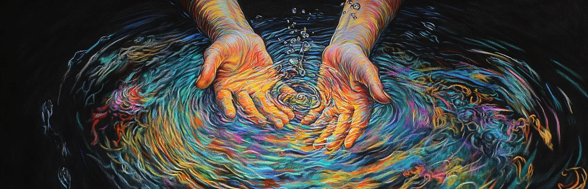 Pintura expresionista con lápices pastel neón sobre fondo negro de dos manos sumergiéndose en agua con ondas luminosas, representando la experiencia concreta del ciclo de aprendizaje de Kolb.