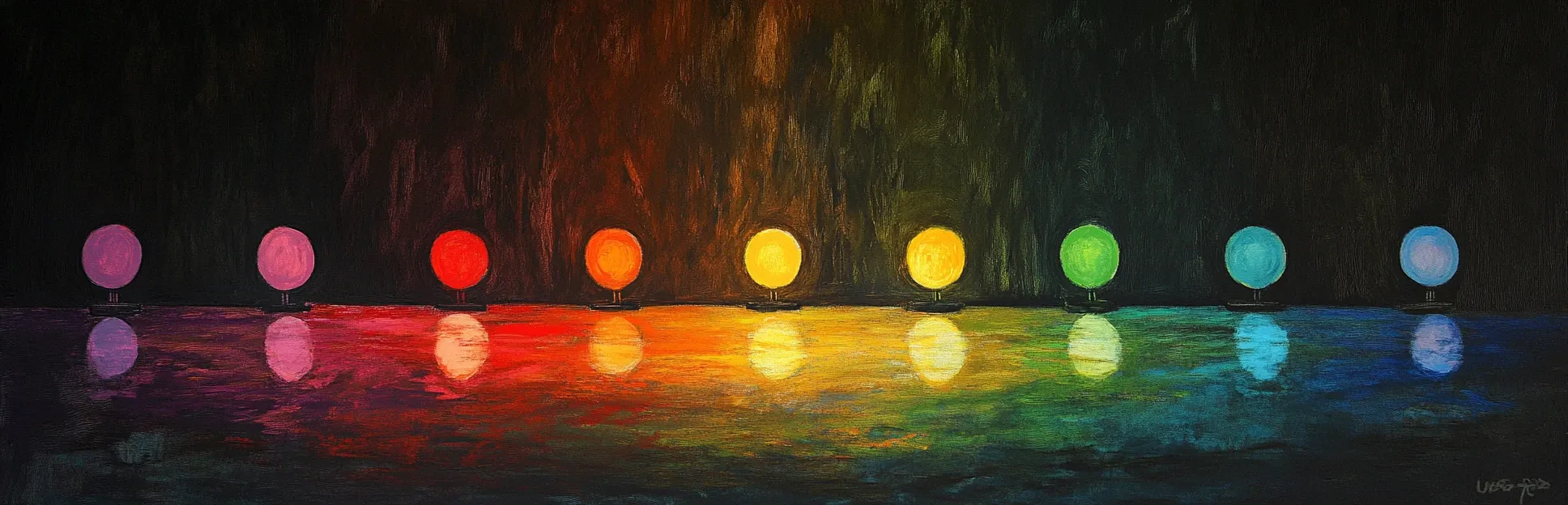 Pintura expresiva con lápices pastel de neón sobre fondo negro representando una secuencia de nueve eventos luminosos activándose en cadena, simbolizando los 9 Eventos de Instrucción de Robert Gagné.