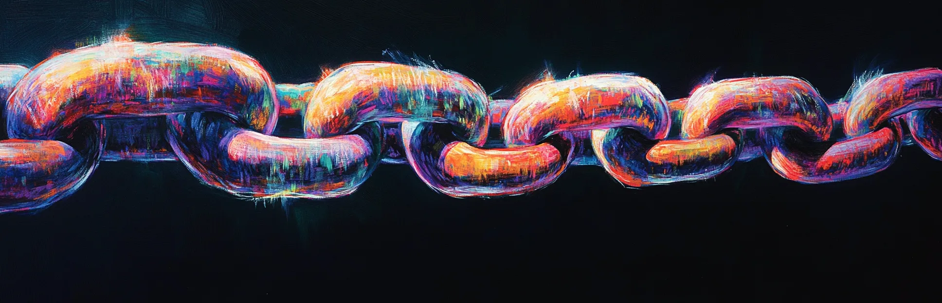 Pintura expresionista con lápices pastel neón sobre fondo negro representando una secuencia de dominós luminosos en cadena, símbolo de la instrucción programada de Skinner.