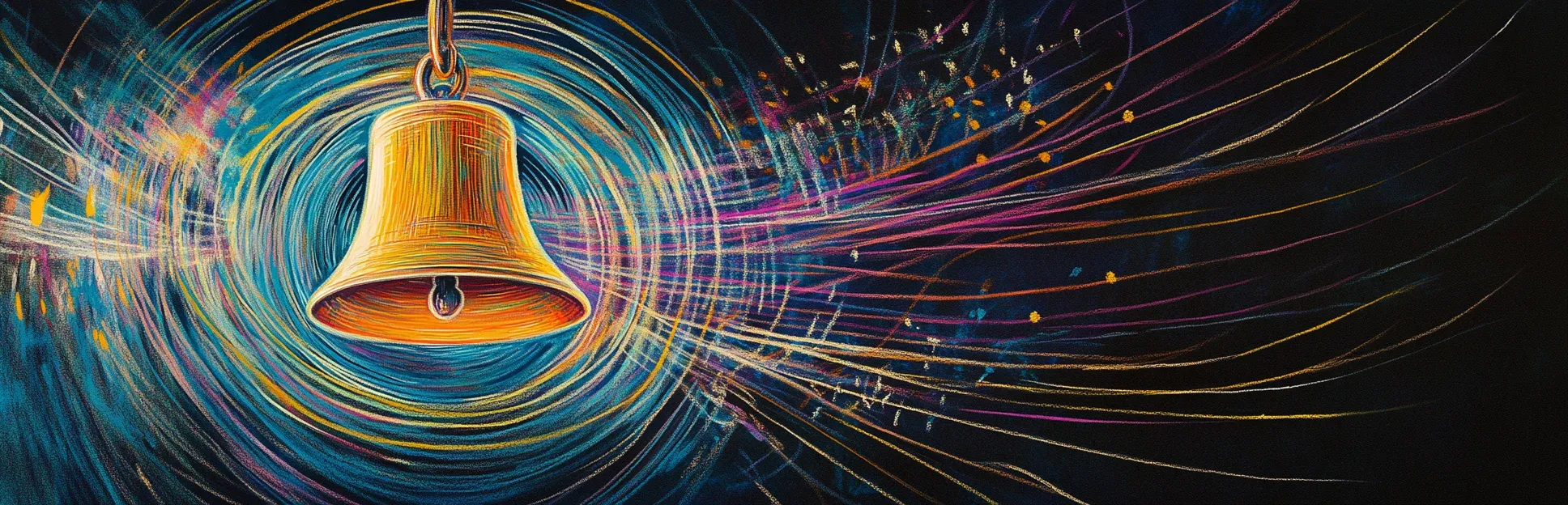 Pintura expresionista con lápices pastel neón sobre fondo negro de una campana dorada irradiando ondas de luz de colores, representando el condicionamiento clásico de Pavlov como base del conductismo en el diseño instruccional.