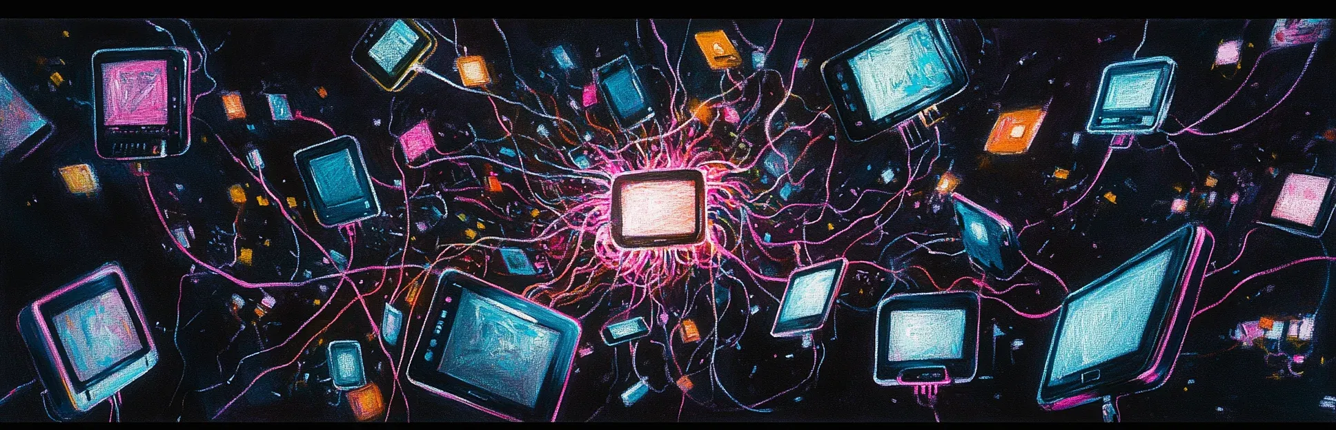 Pintura expresionista con lápices pastel neón sobre fondo negro de múltiples dispositivos y pantallas conectados por cables luminosos que convergen en un nodo central, representando el aprendizaje en red del conectivismo de Siemens.