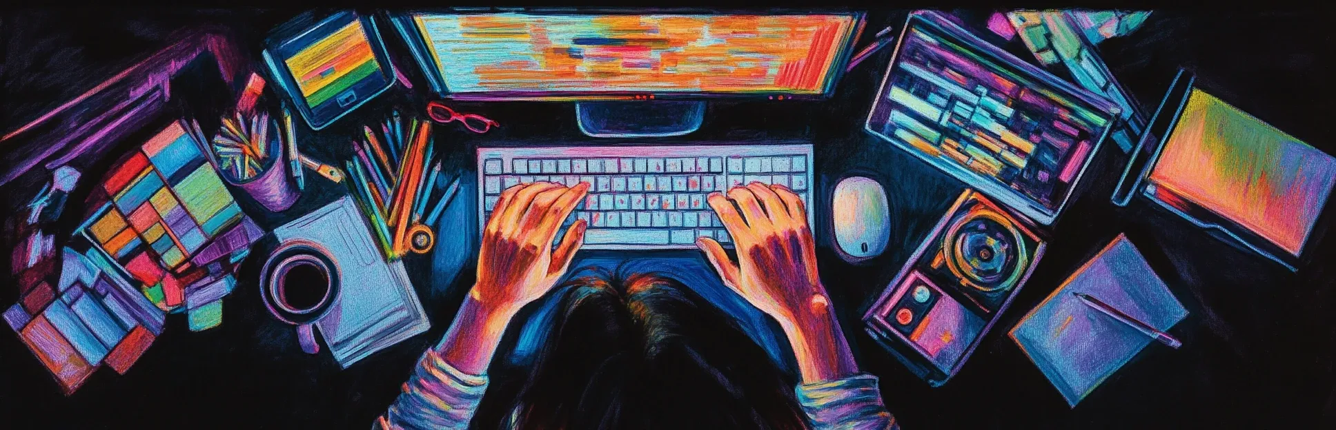 Pintura expresiva con lápices pastel de neón sobre fondo negro representando múltiples caminos luminosos que convergen y divergen, simbolizando las distintas salidas laborales y trayectorias de carrera del diseñador instruccional.