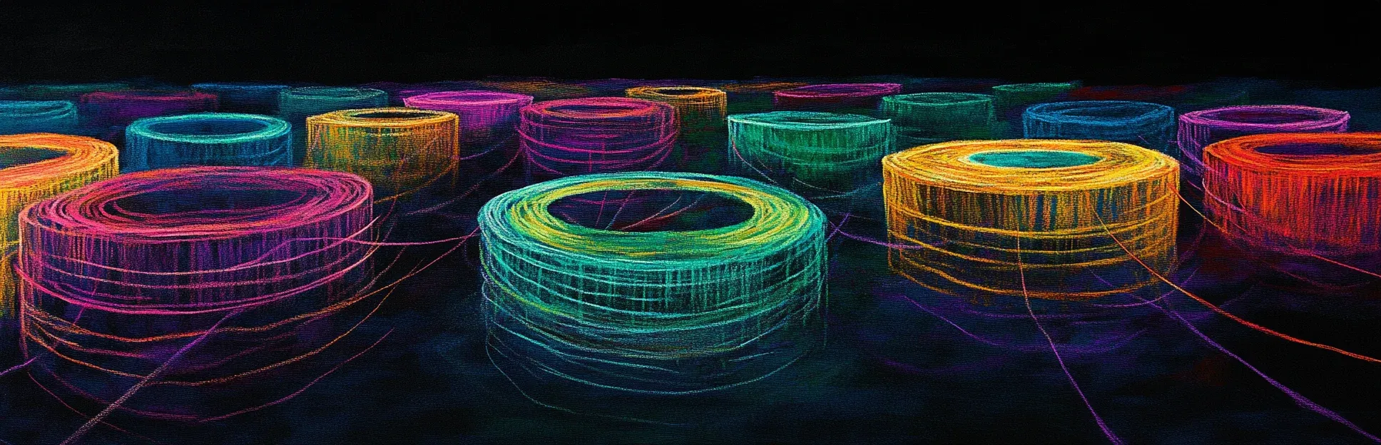 Pintura expresionista con lápices pastel neón sobre fondo negro de múltiples círculos de conexión luminosos en distintos colores vibrantes entrelazados entre sí, representando las redes profesionales y el networking en LinkedIn para diseñadores instruccionales.