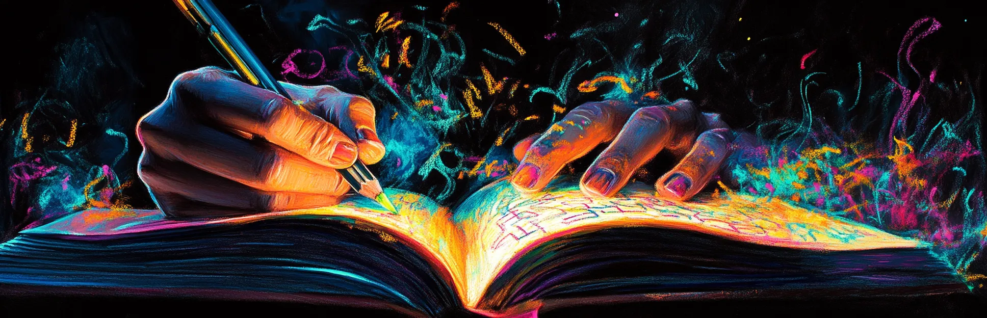 Pintura expresionista con lápices pastel neón sobre fondo negro de un aprendiz con su doble translúcido flotando sobre él observando su propio proceso de pensamiento, representando la metacognición de Flavell.