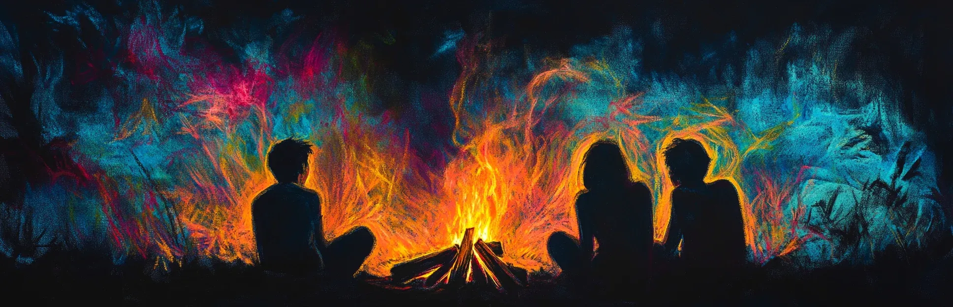 Pintura expresionista con lápices pastel neón sobre fondo negro de tres siluetas sentadas alrededor de una fogata con llamas de colores vibrantes, representando el poder del storytelling y la narrativa compartida en el aprendizaje.