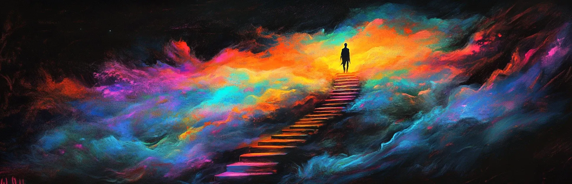 Pintura expresiva con lápices pastel de neón sobre fondo negro representando una pirámide luminosa con seis niveles ascendentes, cada uno irradiando un color diferente, simbolizando los niveles cognitivos de la Taxonomía de Bloom.